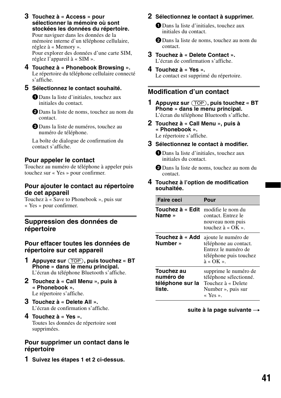 Suppression des données de répertoire, Modification d’un contact | Sony XAV-622 User Manual | Page 113 / 228