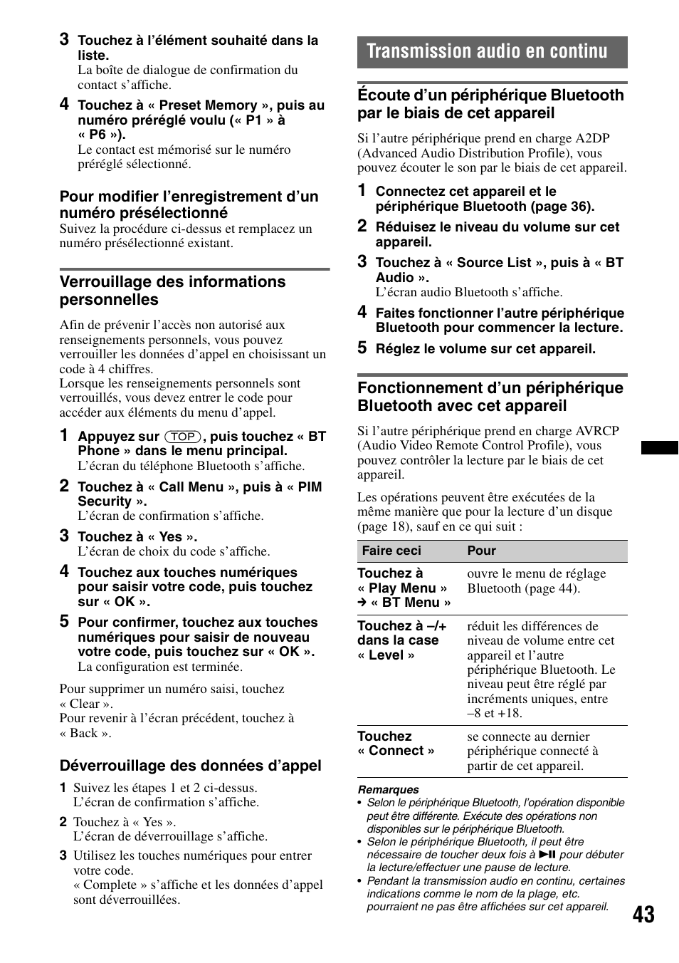 Verrouillage des informations personnelles, Transmission audio en continu | Sony XAV-622 User Manual | Page 115 / 228