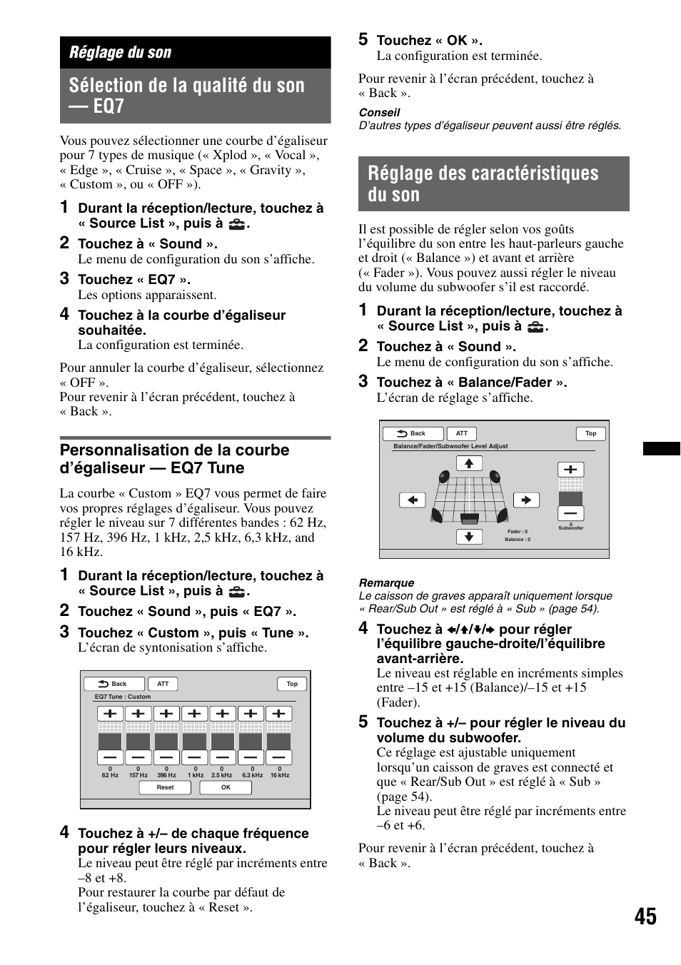 Réglage du son, Sélection de la qualité du son - eq7, Réglage des caractéristiques du son | Sélection de la qualité du son — eq7 | Sony XAV-622 User Manual | Page 117 / 228