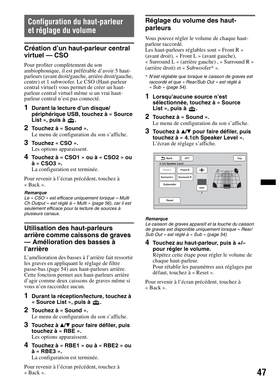 Configuration du haut-parleur et réglage du volume, Création d’un haut-parleur central virtuel - cso, Réglage du volume des haut- parleurs | Création d’un haut-parleur central virtuel — cso | Sony XAV-622 User Manual | Page 119 / 228