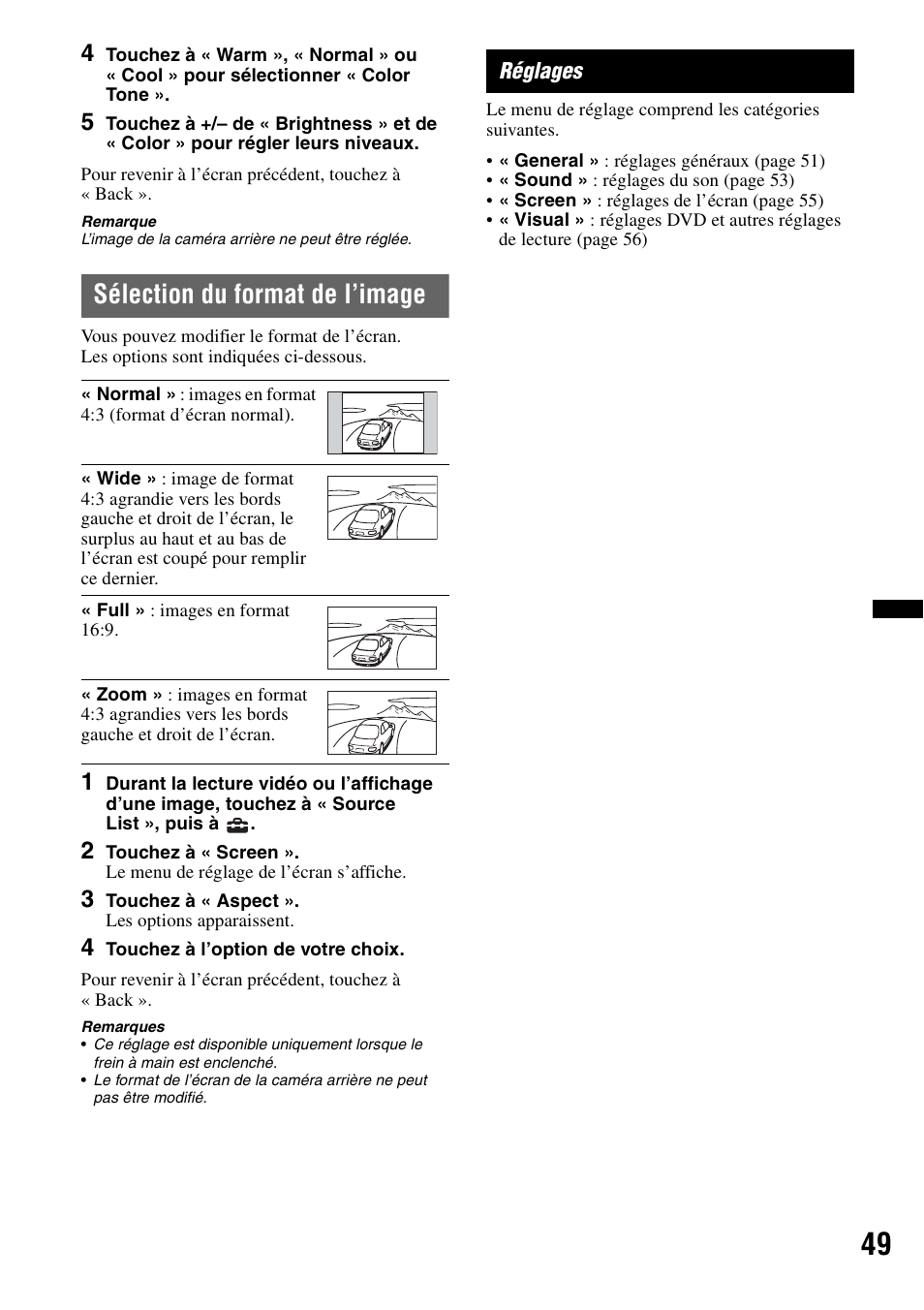 Sélection du format de l’image, Réglages | Sony XAV-622 User Manual | Page 121 / 228