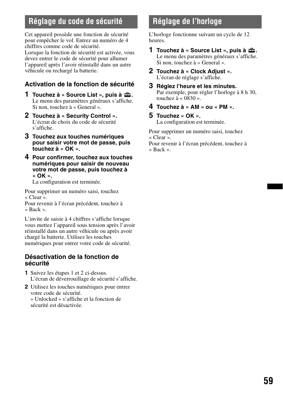 Réglage du code de sécurité, Réglage de l’horloge | Sony XAV-622 User Manual | Page 131 / 228