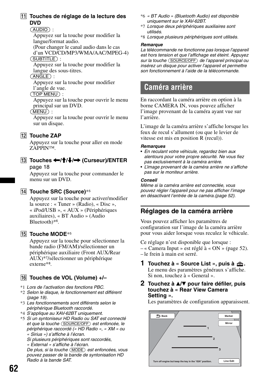 Caméra arrière, Réglages de la caméra arrière | Sony XAV-622 User Manual | Page 134 / 228