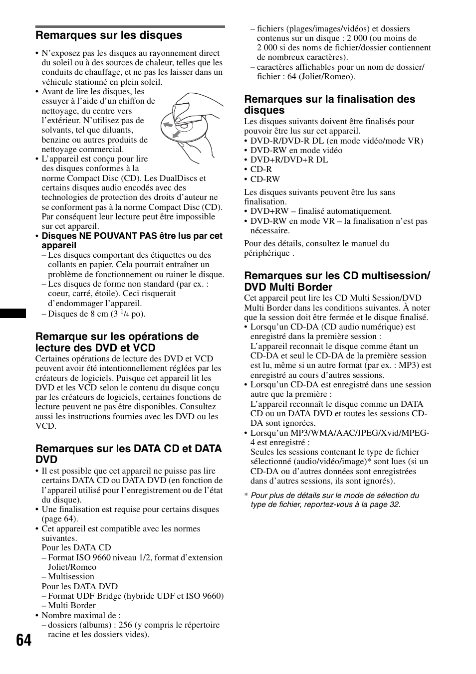 Remarques sur les disques, Remarques sur les data cd et data dvd, Remarques sur la finalisation des disques | Sony XAV-622 User Manual | Page 136 / 228