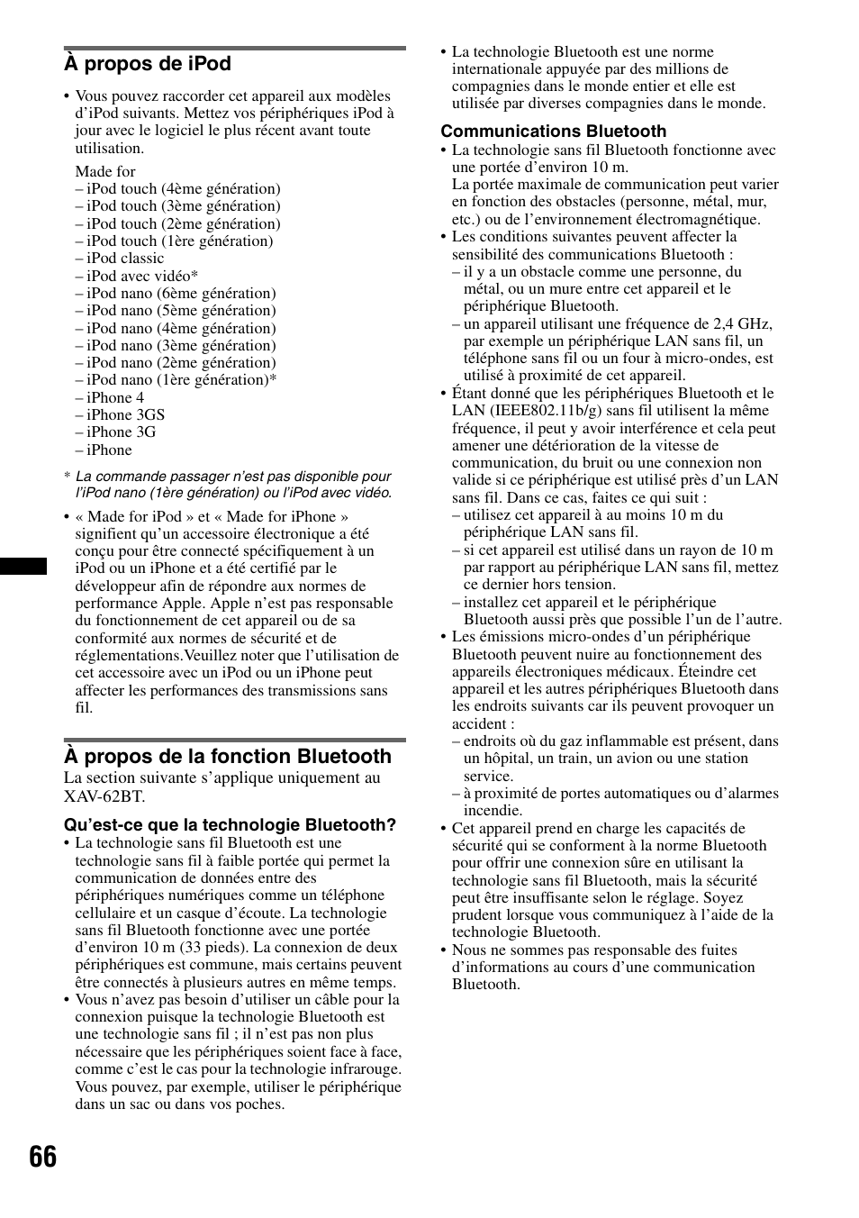 À propos de ipod, À propos de la fonction bluetooth, À propos de ipod à propos de la fonction bluetooth | Sony XAV-622 User Manual | Page 138 / 228