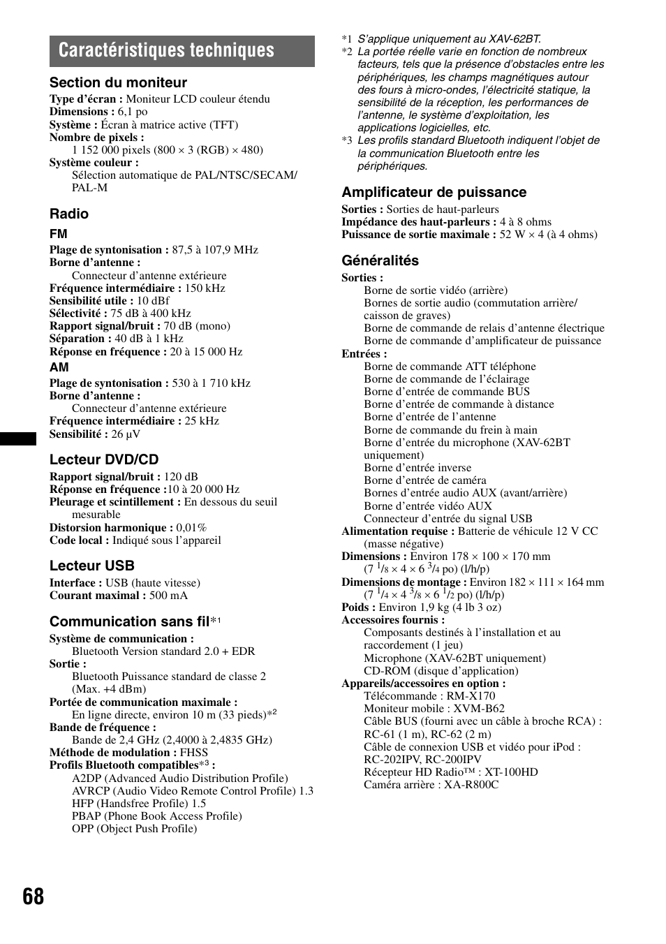 Caractéristiques techniques, Radio, Lecteur dvd/cd | Lecteur usb, Communication sans fil, Amplificateur de puissance, Généralités | Sony XAV-622 User Manual | Page 140 / 228