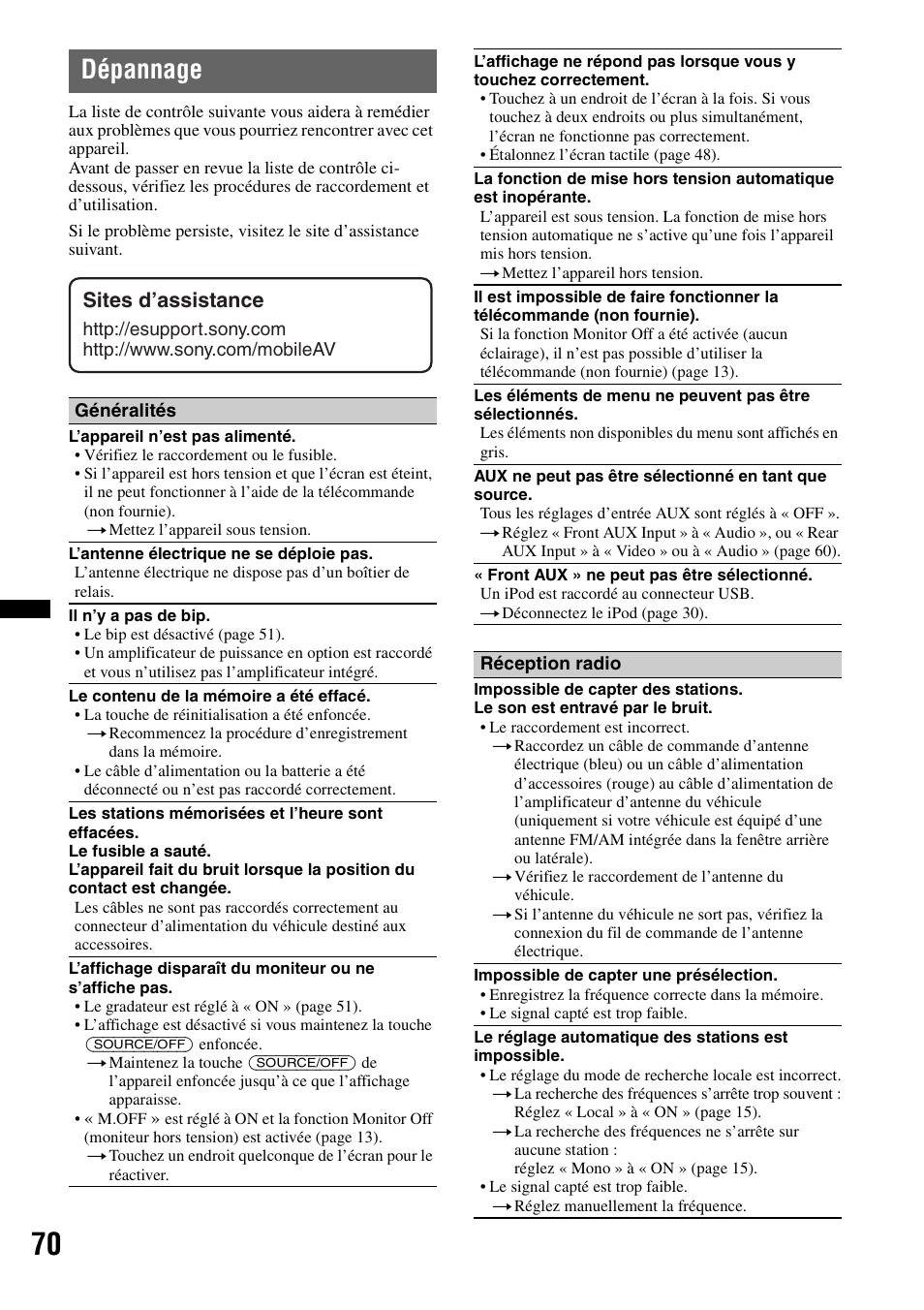 Dépannage, Sites d’assistance | Sony XAV-622 User Manual | Page 142 / 228