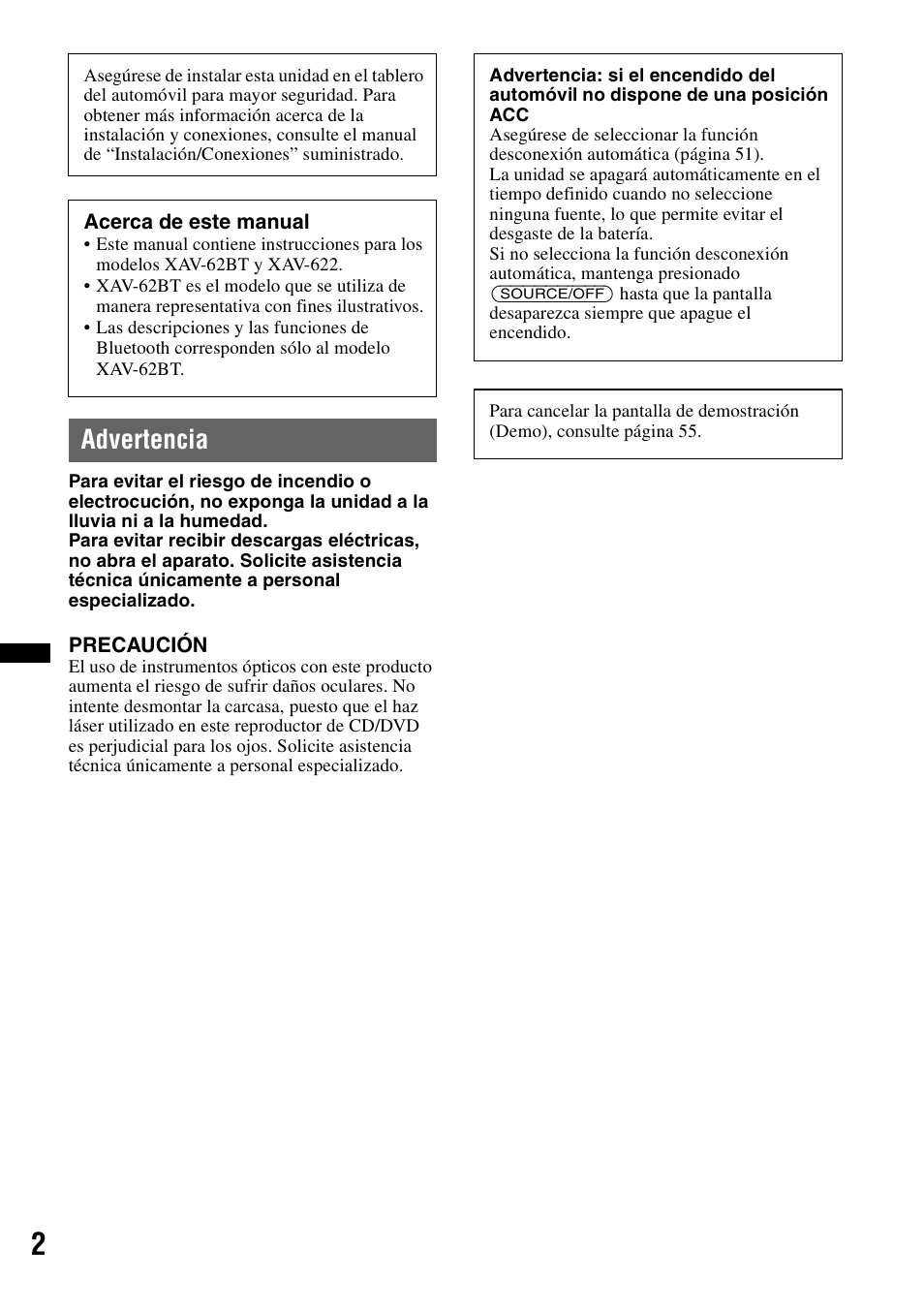 Advertencia | Sony XAV-622 User Manual | Page 150 / 228