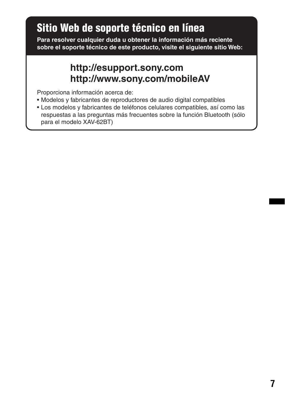 Sitio web de soporte técnico en línea | Sony XAV-622 User Manual | Page 155 / 228