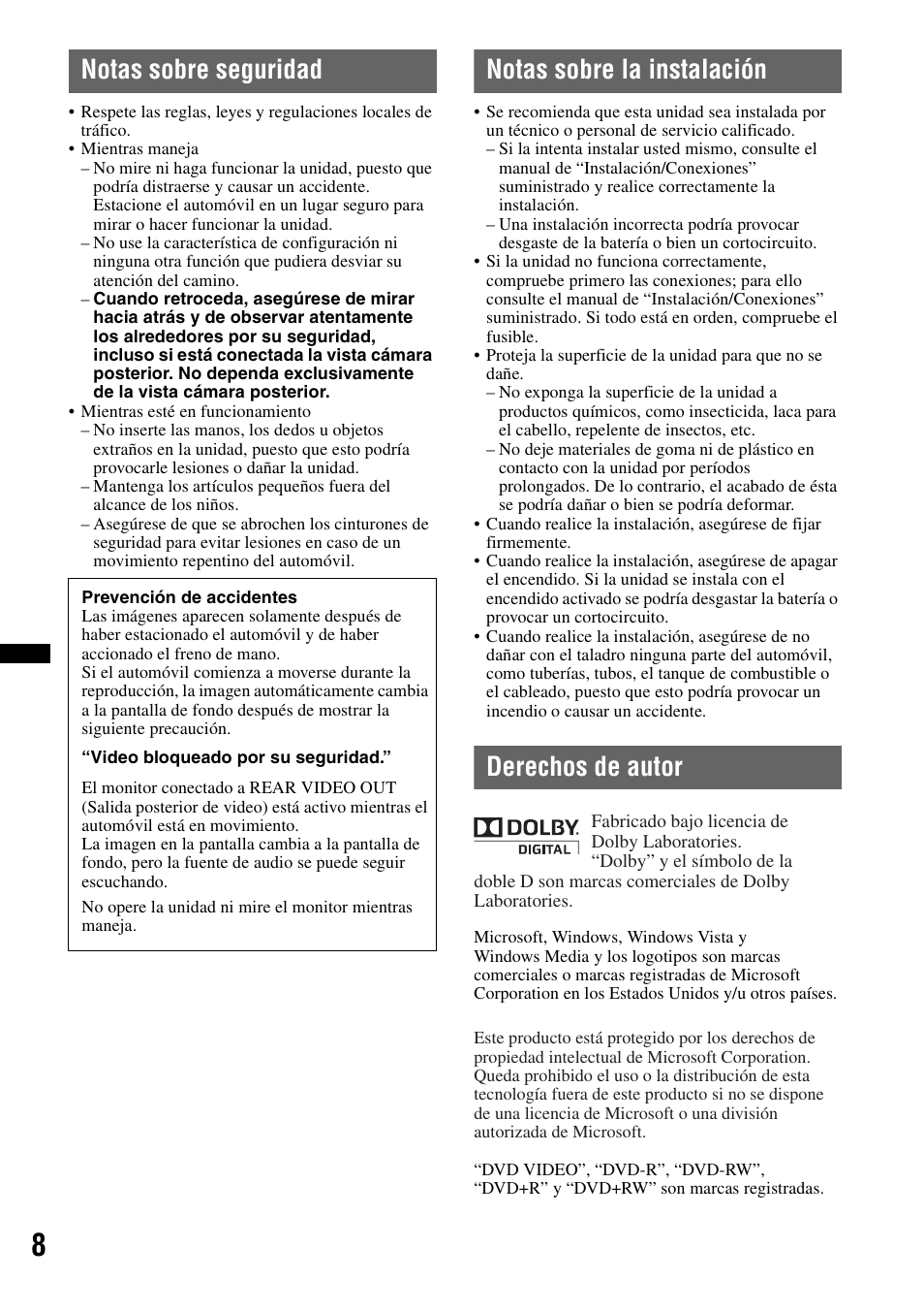 Notas sobre seguridad, Notas sobre la instalación, Derechos de autor | Sony XAV-622 User Manual | Page 156 / 228