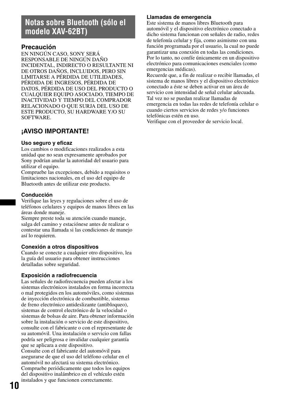 Notas sobre bluetooth (sólo el modelo xav-62bt) | Sony XAV-622 User Manual | Page 158 / 228