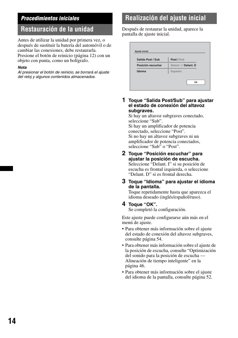 Procedimientos iniciales, Restauración de la unidad, Realización del ajuste inicial | Sony XAV-622 User Manual | Page 162 / 228