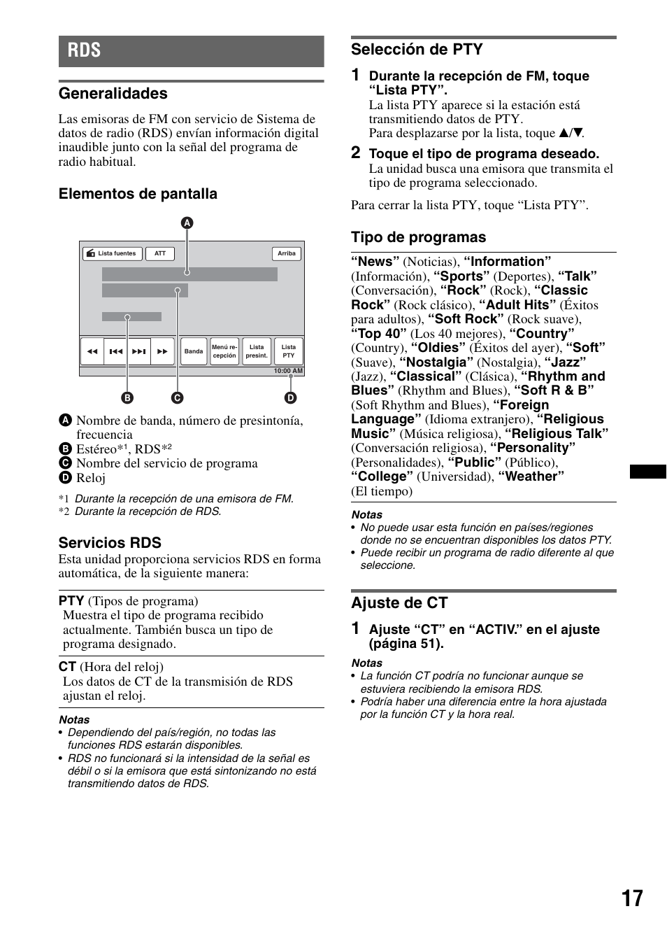 Generalidades, Selección de pty, Ajuste de ct | Generalidades selección de pty ajuste de ct, Elementos de pantalla, Servicios rds, Tipo de programas | Sony XAV-622 User Manual | Page 165 / 228