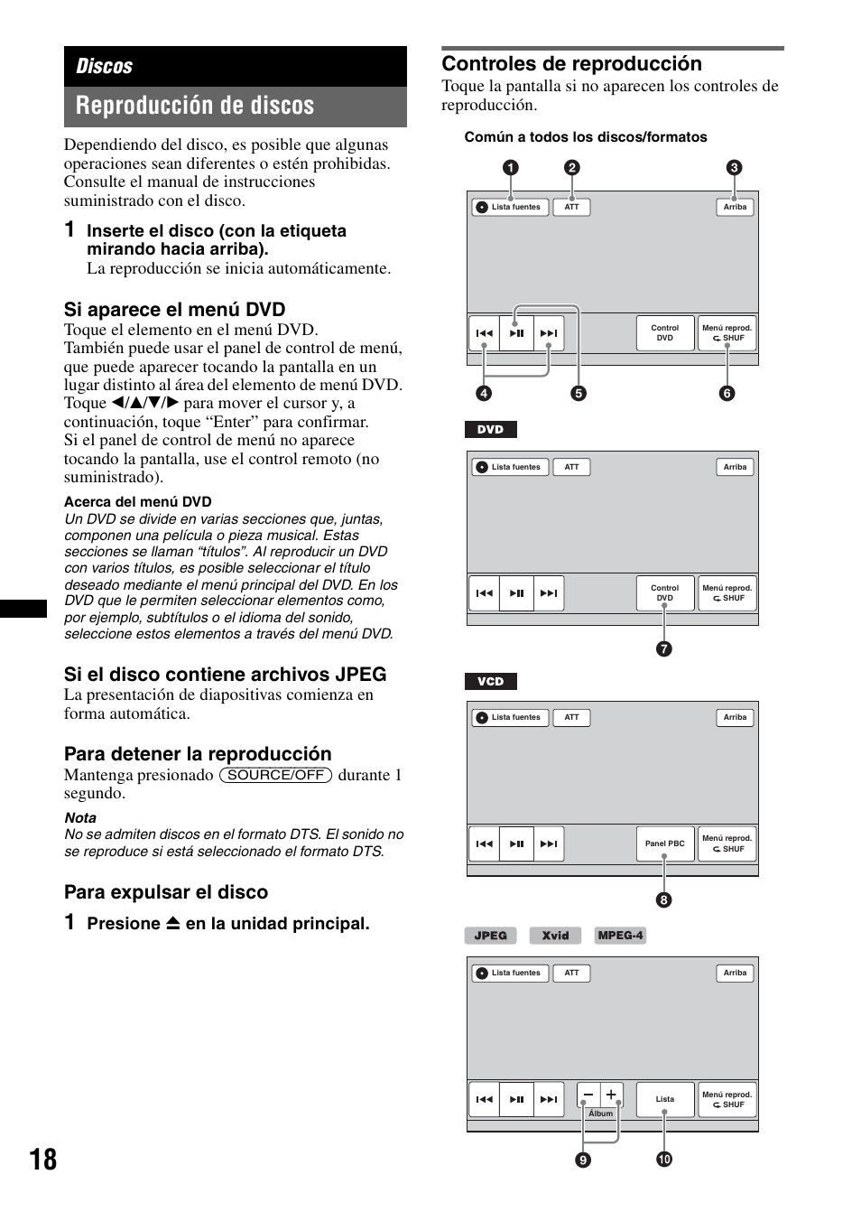 Discos, Reproducción de discos, Controles de reproducción | Si aparece el menú dvd, Si el disco contiene archivos jpeg, Para detener la reproducción, Para expulsar el disco, Mantenga presionado (source/off) durante 1 segundo, Presione z en la unidad principal, Q; 9 | Sony XAV-622 User Manual | Page 166 / 228