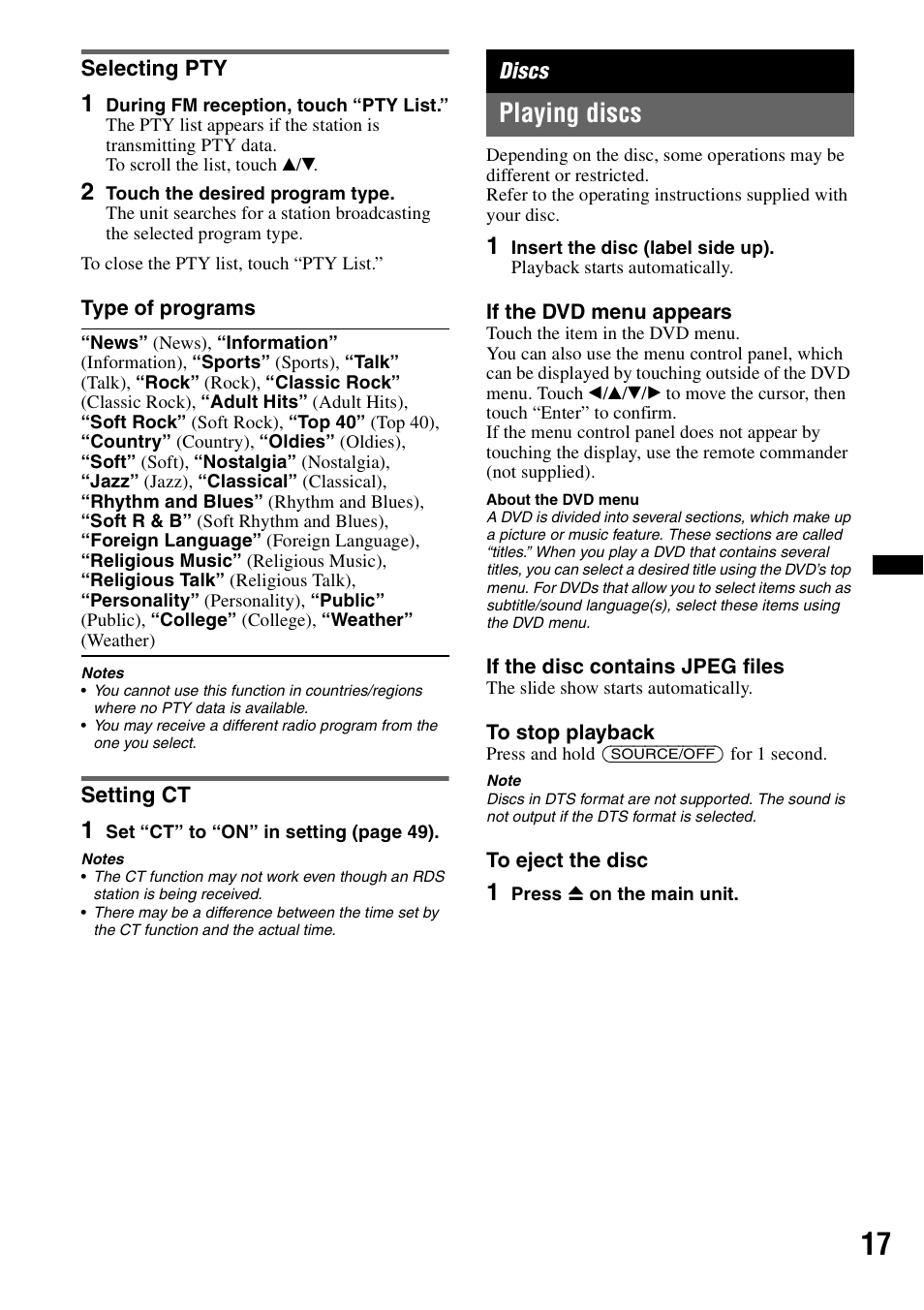 Selecting pty, Setting ct, Discs | Playing discs, Selecting pty setting ct | Sony XAV-622 User Manual | Page 17 / 228