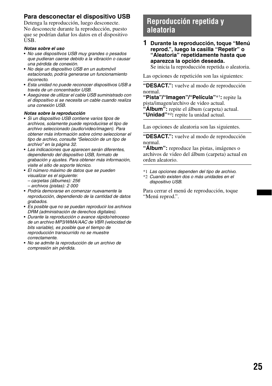 Reproducción repetida y aleatoria, Para desconectar el dispositivo usb | Sony XAV-622 User Manual | Page 173 / 228