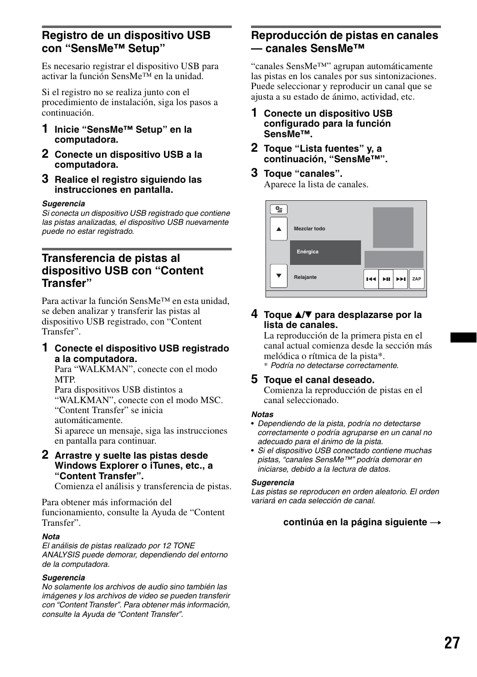 Registro de un dispositivo usb con “sensme™ setup, Reproducción de pistas en canales - canales sensme | Sony XAV-622 User Manual | Page 175 / 228