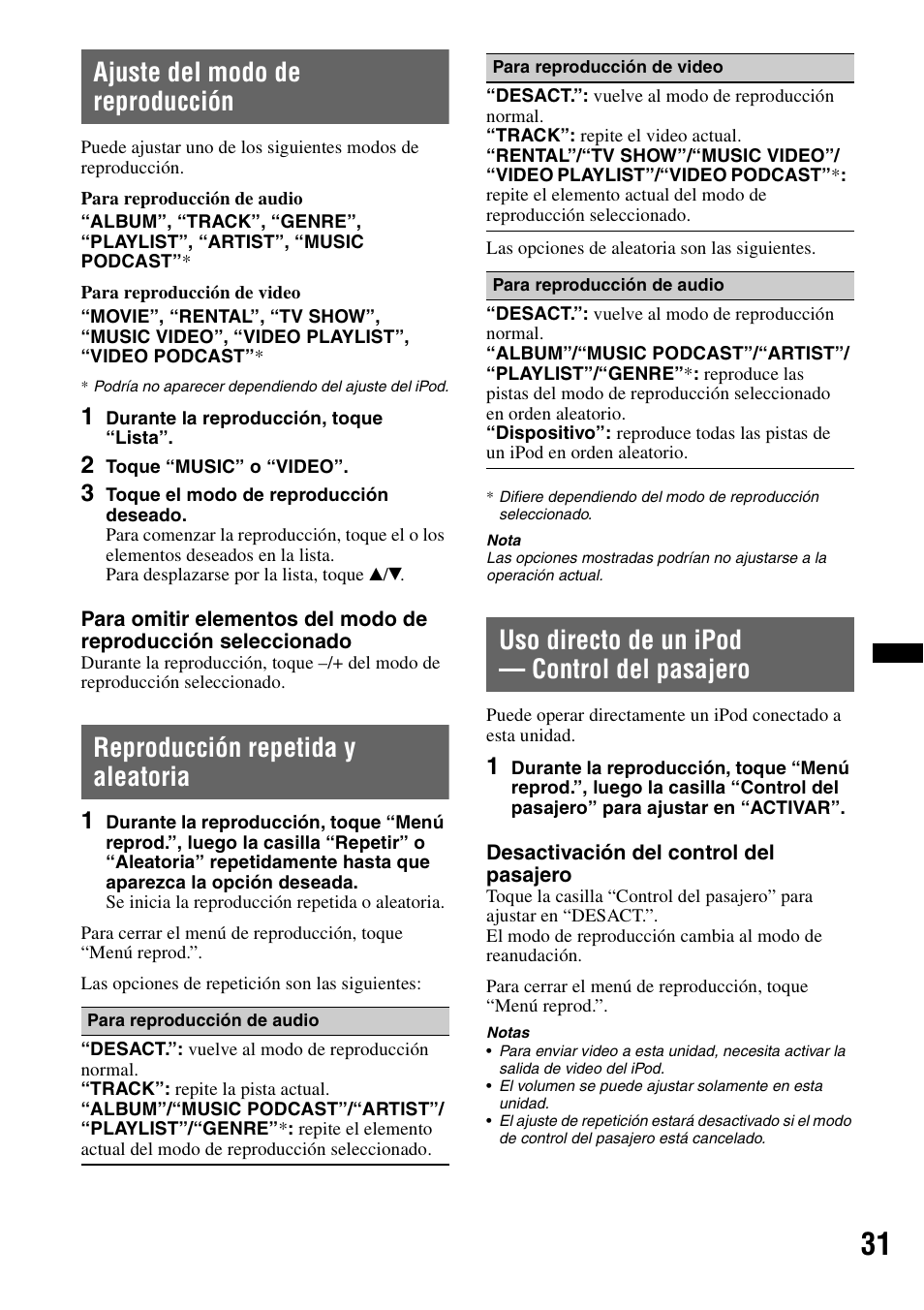 Ajuste del modo de reproducción, Reproducción repetida y aleatoria, Uso directo de un ipod - control del pasajero | Uso directo de un ipod — control del pasajero | Sony XAV-622 User Manual | Page 179 / 228