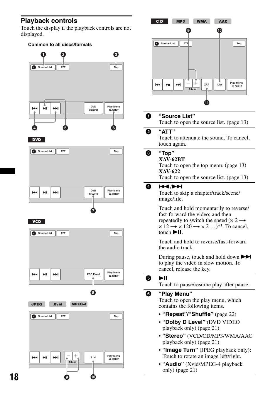 Playback controls, Q; 9, Qa q; 9 | Sony XAV-622 User Manual | Page 18 / 228