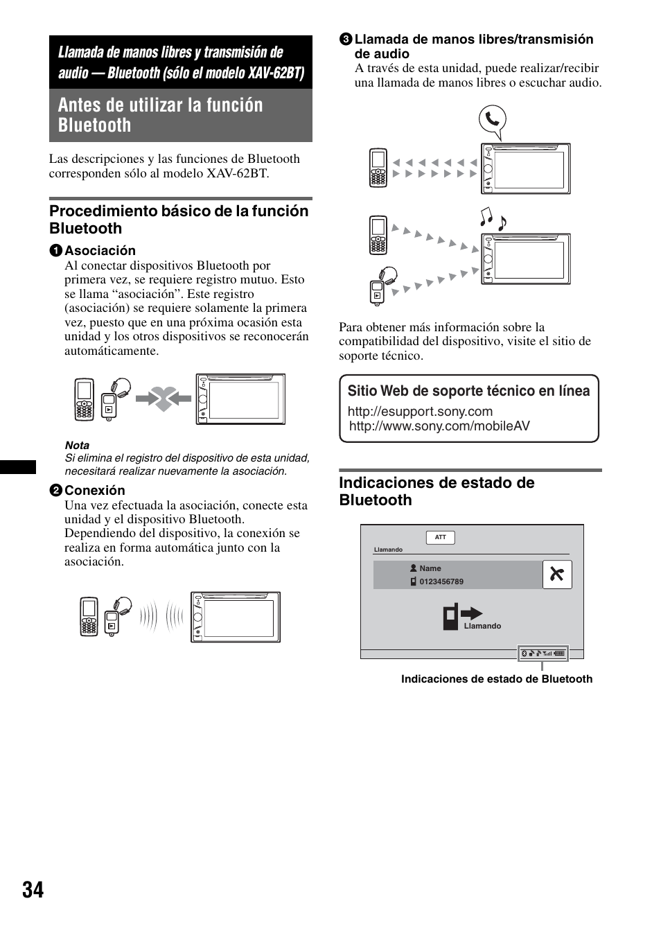 Antes de utilizar la función bluetooth, Procedimiento básico de la función bluetooth, Indicaciones de estado de bluetooth | Sony XAV-622 User Manual | Page 182 / 228