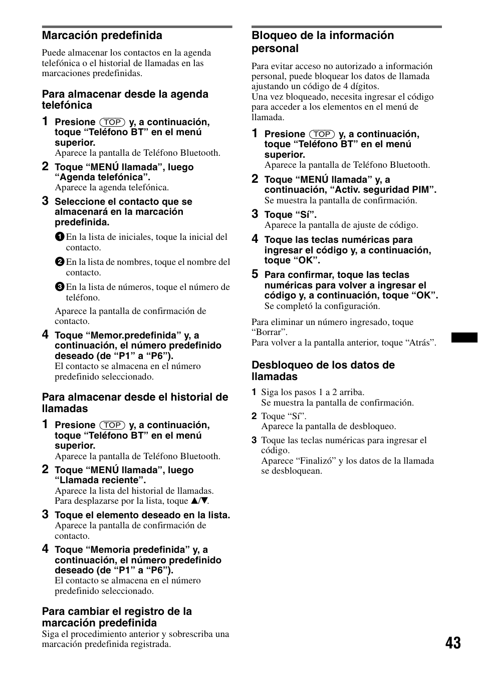 Marcación predefinida, Bloqueo de la información personal | Sony XAV-622 User Manual | Page 191 / 228