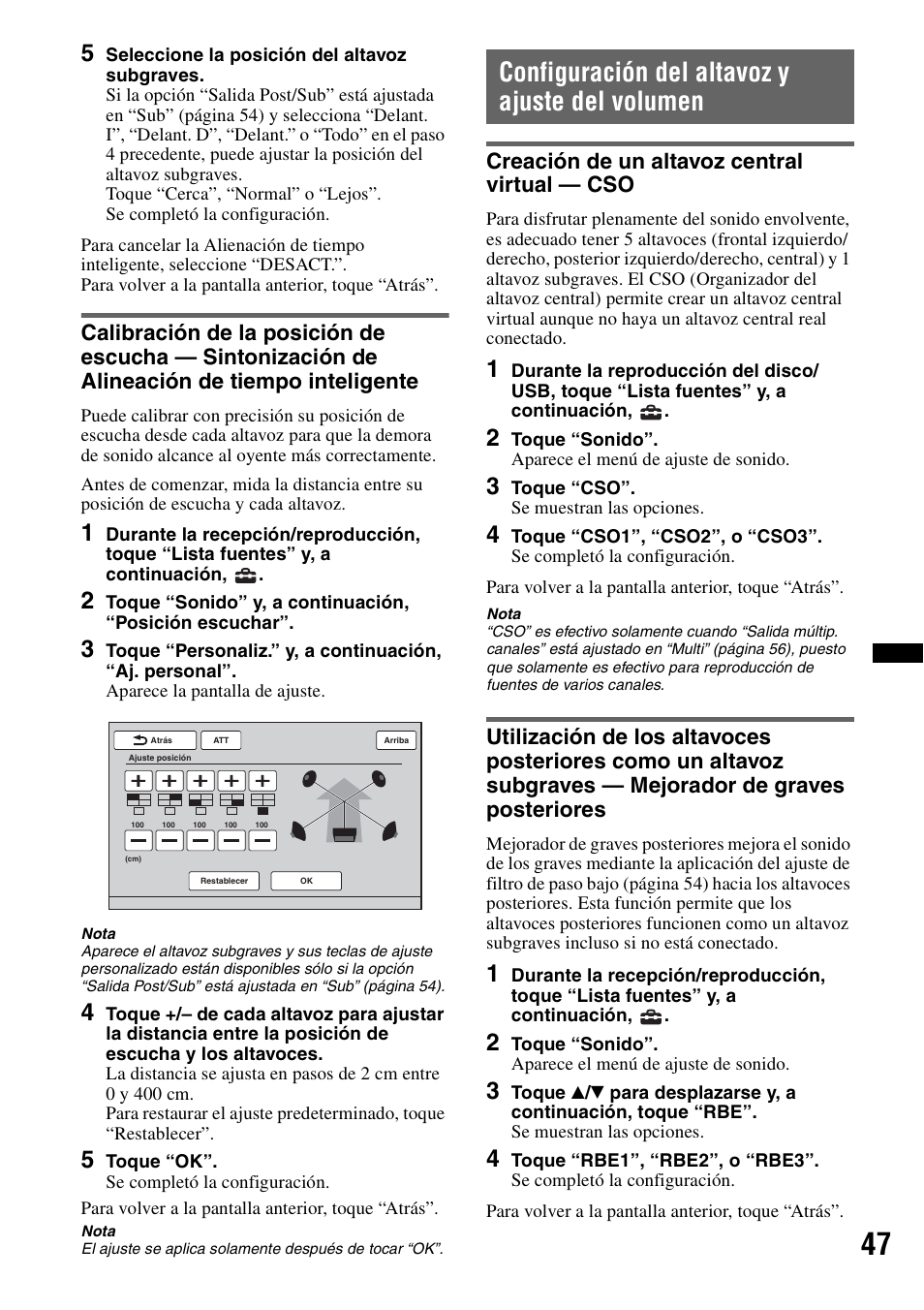 Configuración del altavoz y ajuste del volumen, Creación de un altavoz central virtual - cso, Creación de un altavoz central virtual — cso | Sony XAV-622 User Manual | Page 195 / 228