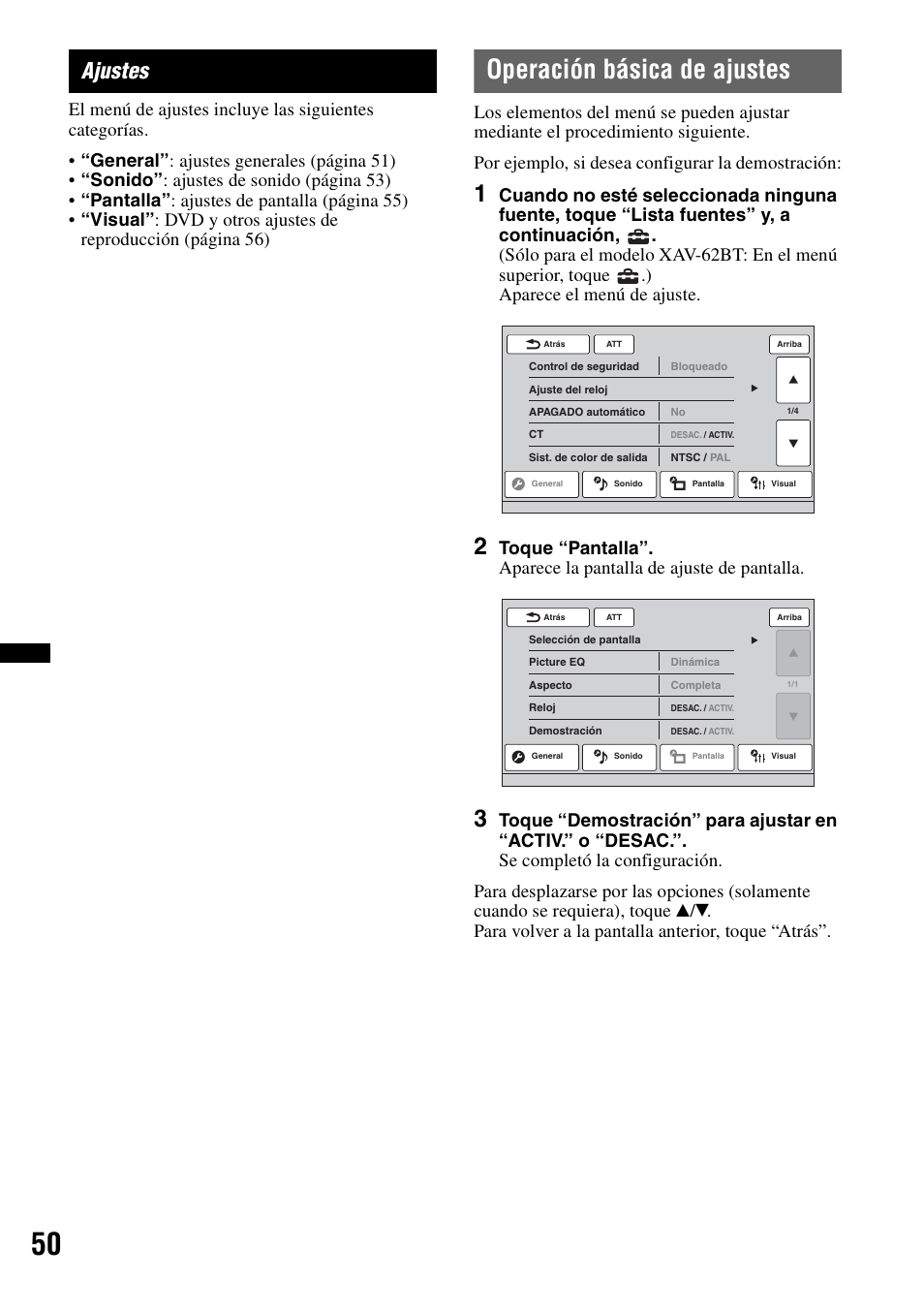 Ajustes, Operación básica de ajustes | Sony XAV-622 User Manual | Page 198 / 228