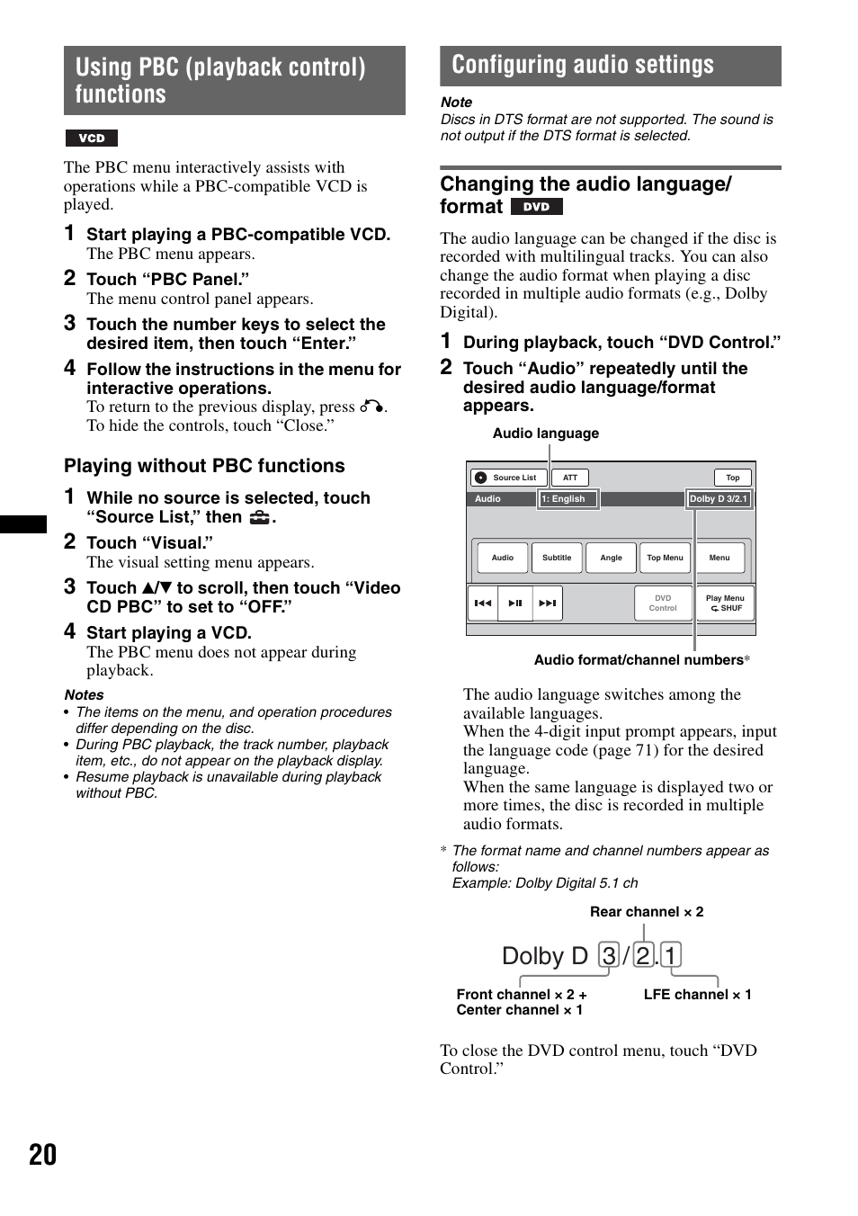 Using pbc (playback control) functions, Configuring audio settings, Changing the audio language/format | Dolby d 3 / 2, Changing the audio language/ format, Playing without pbc functions | Sony XAV-622 User Manual | Page 20 / 228