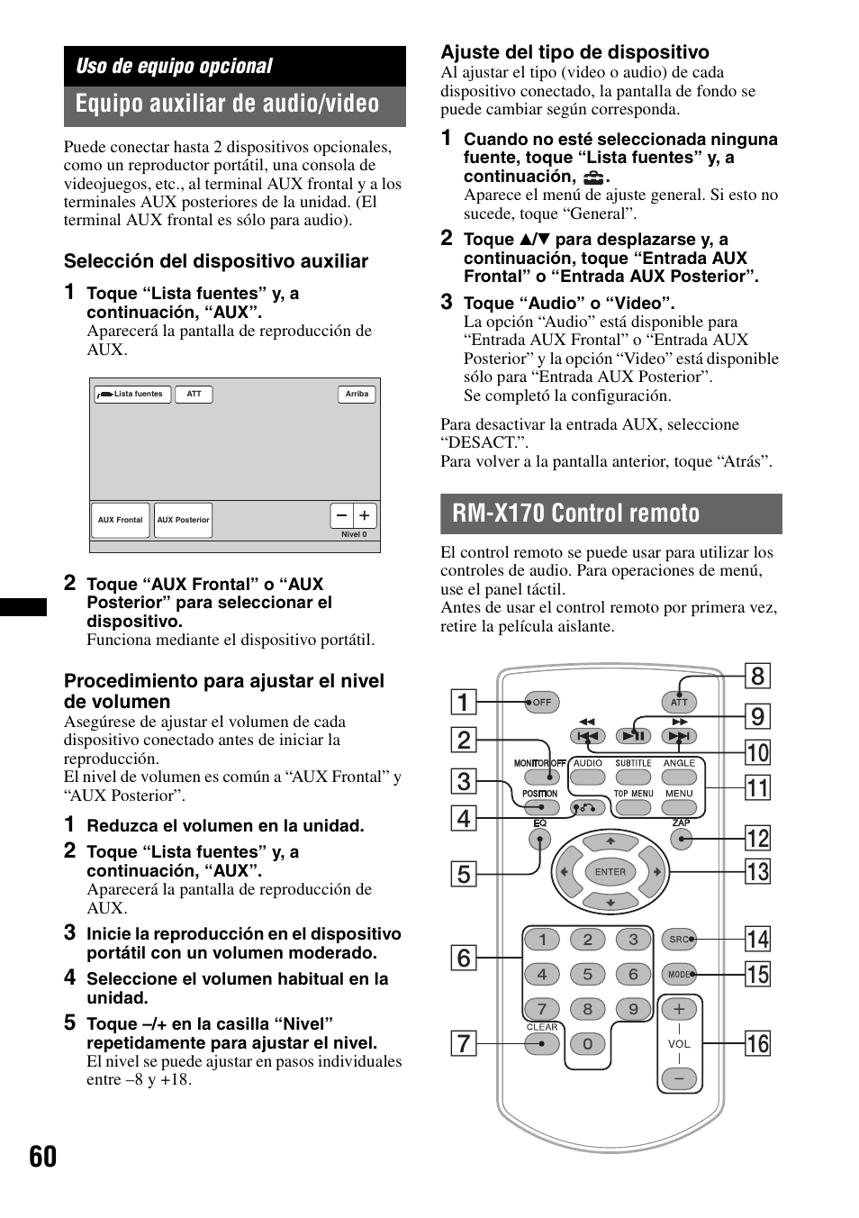 Uso de equipo opcional, Equipo auxiliar de audio/video, Rm-x170 control remoto | Sony XAV-622 User Manual | Page 208 / 228