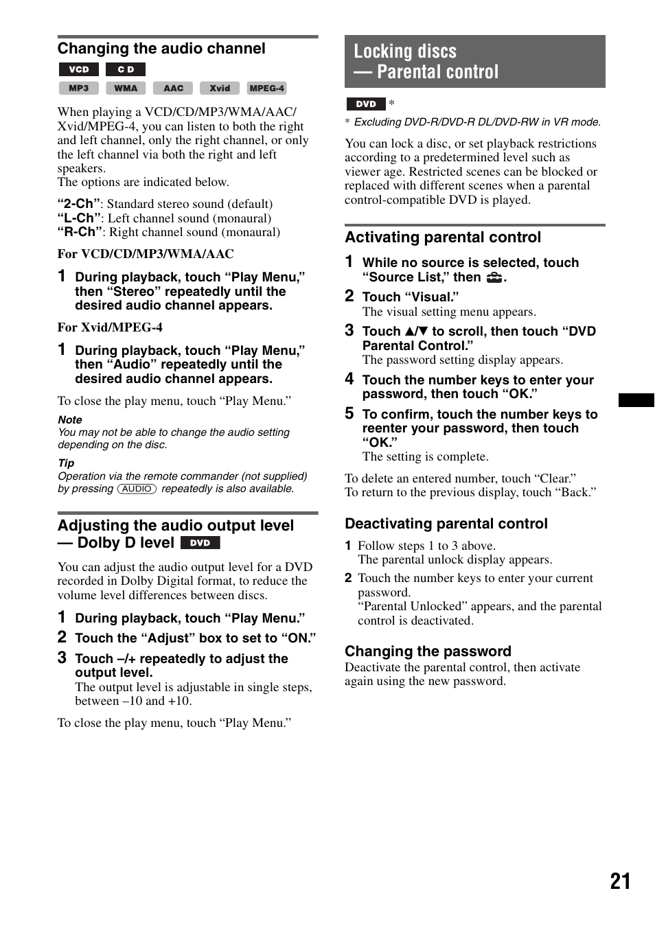 Changing the audio channel, Adjusting the audio output level - dolby d level, Locking discs - parental control | Activating parental control, Locking discs — parental control | Sony XAV-622 User Manual | Page 21 / 228