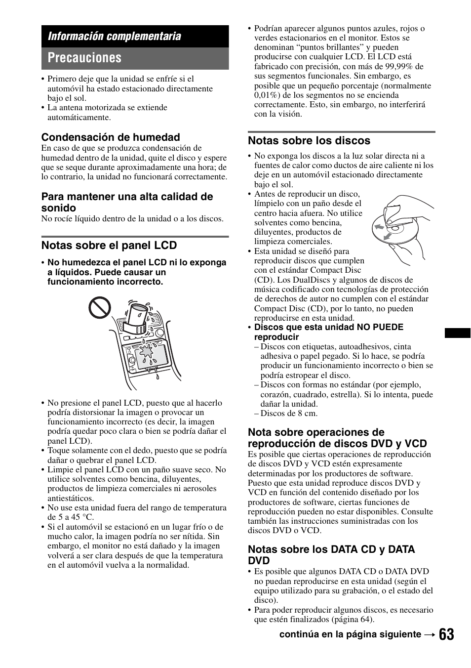 Información complementaria, Precauciones, Notas sobre el panel lcd | Notas sobre los discos, Notas sobre el panel lcd notas sobre los discos | Sony XAV-622 User Manual | Page 211 / 228