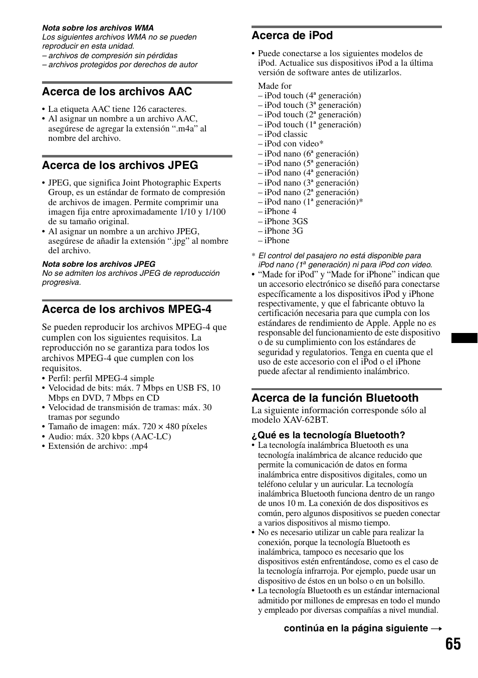 Acerca de los archivos aac, Acerca de los archivos jpeg, Acerca de los archivos mpeg-4 | Acerca de ipod, Acerca de la función bluetooth | Sony XAV-622 User Manual | Page 213 / 228