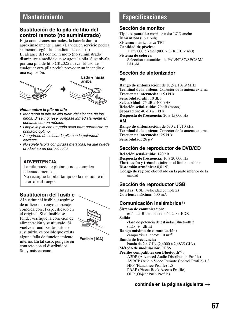 Mantenimiento, Especificaciones, Sustitución del fusible | Sony XAV-622 User Manual | Page 215 / 228