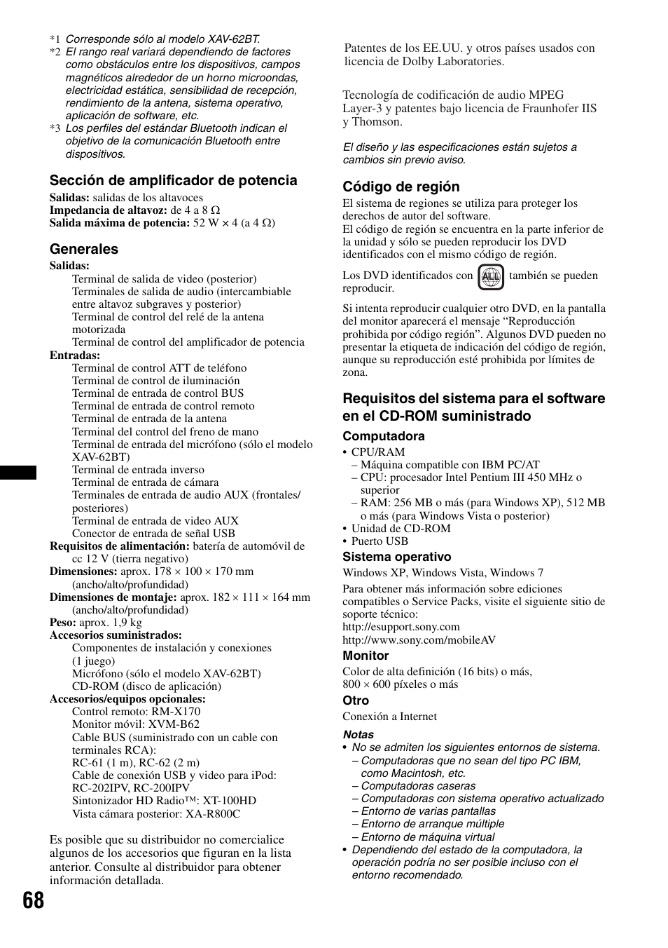 Sección de amplificador de potencia, Generales, Código de región | Sony XAV-622 User Manual | Page 216 / 228