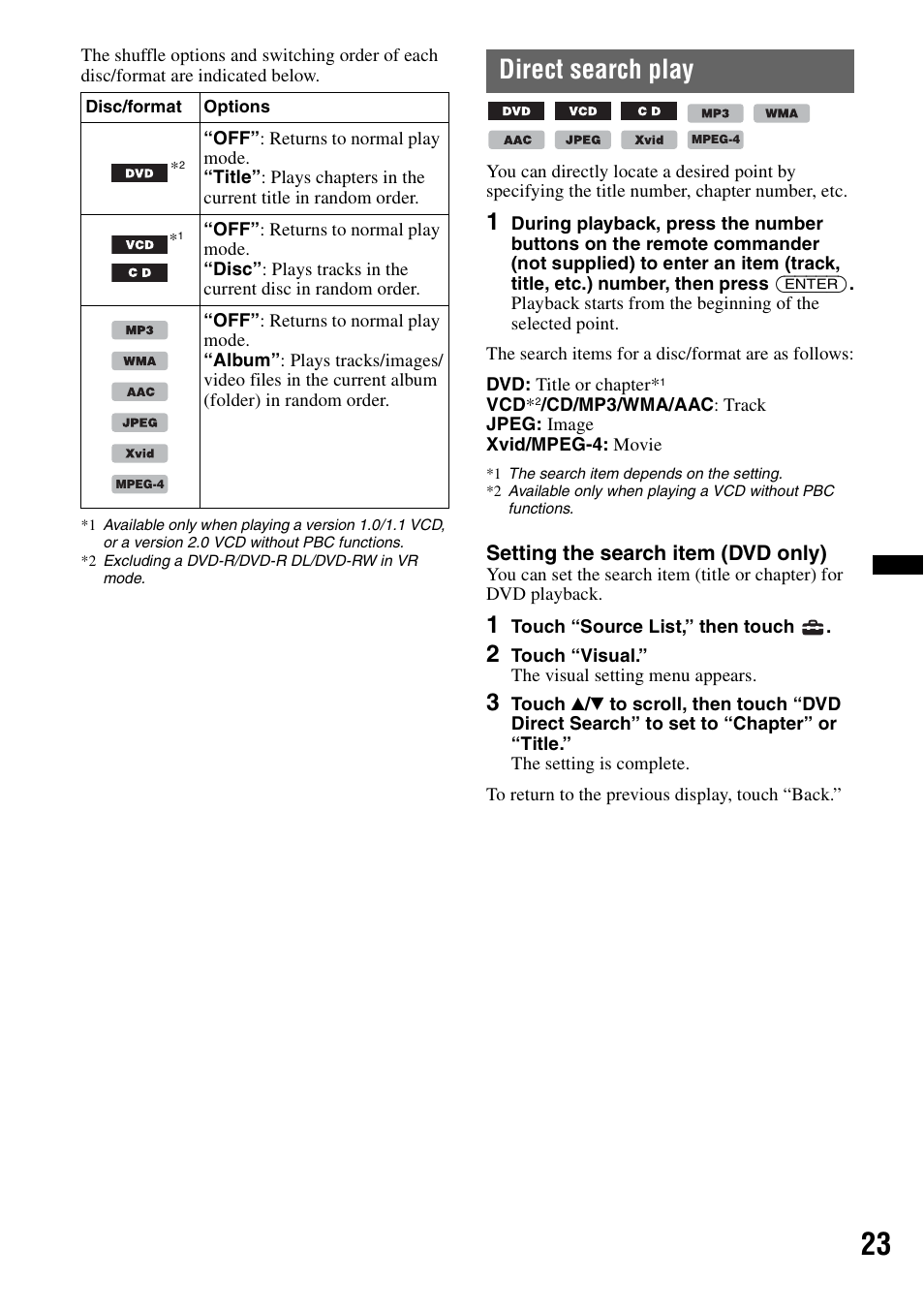 Direct search play | Sony XAV-622 User Manual | Page 23 / 228