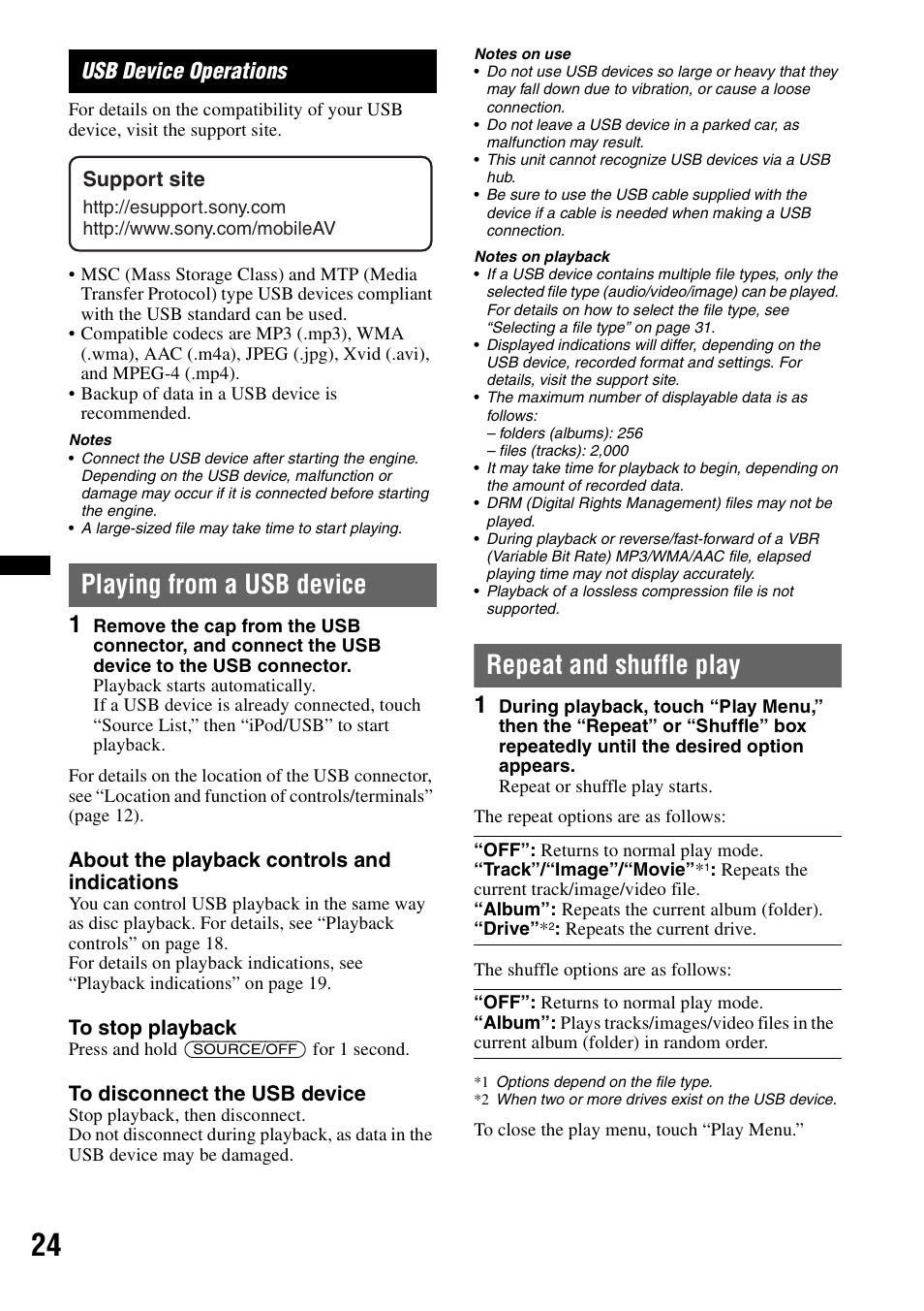 Usb device operations, Playing from a usb device, Repeat and shuffle play | Sony XAV-622 User Manual | Page 24 / 228