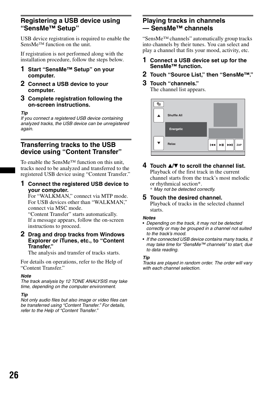 Registering a usb device using “sensme™ setup, Playing tracks in channels - sensme™ channels | Sony XAV-622 User Manual | Page 26 / 228