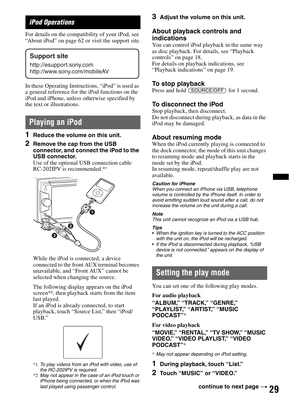 Ipod operations, Playing an ipod, Setting the play mode | Sony XAV-622 User Manual | Page 29 / 228