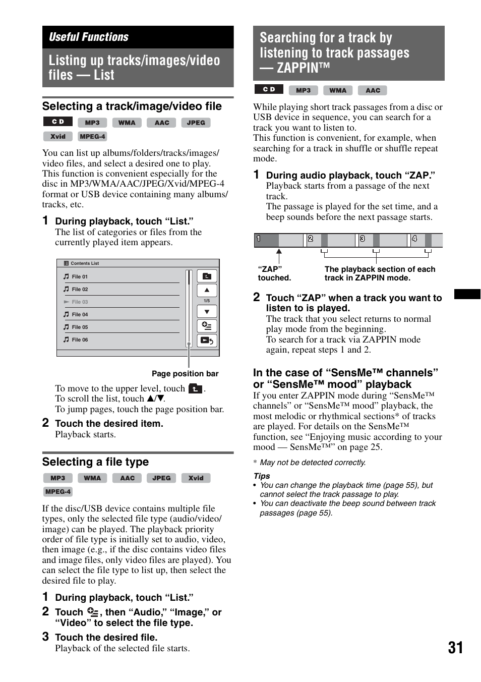 Useful functions, Listing up tracks/images/video files - list, Selecting a track/image/video file | Selecting a file type, Listing up tracks/images/video files — list | Sony XAV-622 User Manual | Page 31 / 228