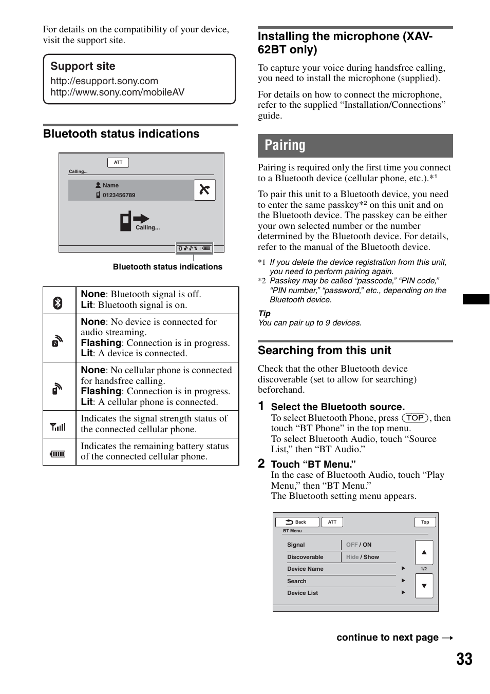 Bluetooth status indications, Installing the microphone (xav- 62bt only), Pairing | Searching from this unit, Support site | Sony XAV-622 User Manual | Page 33 / 228