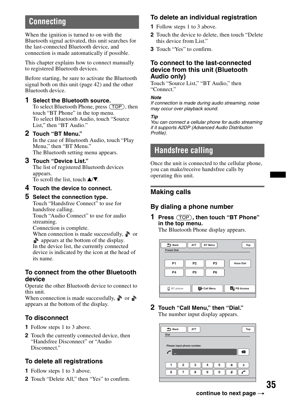 Connecting, Handsfree calling, Making calls | By dialing a phone number | Sony XAV-622 User Manual | Page 35 / 228