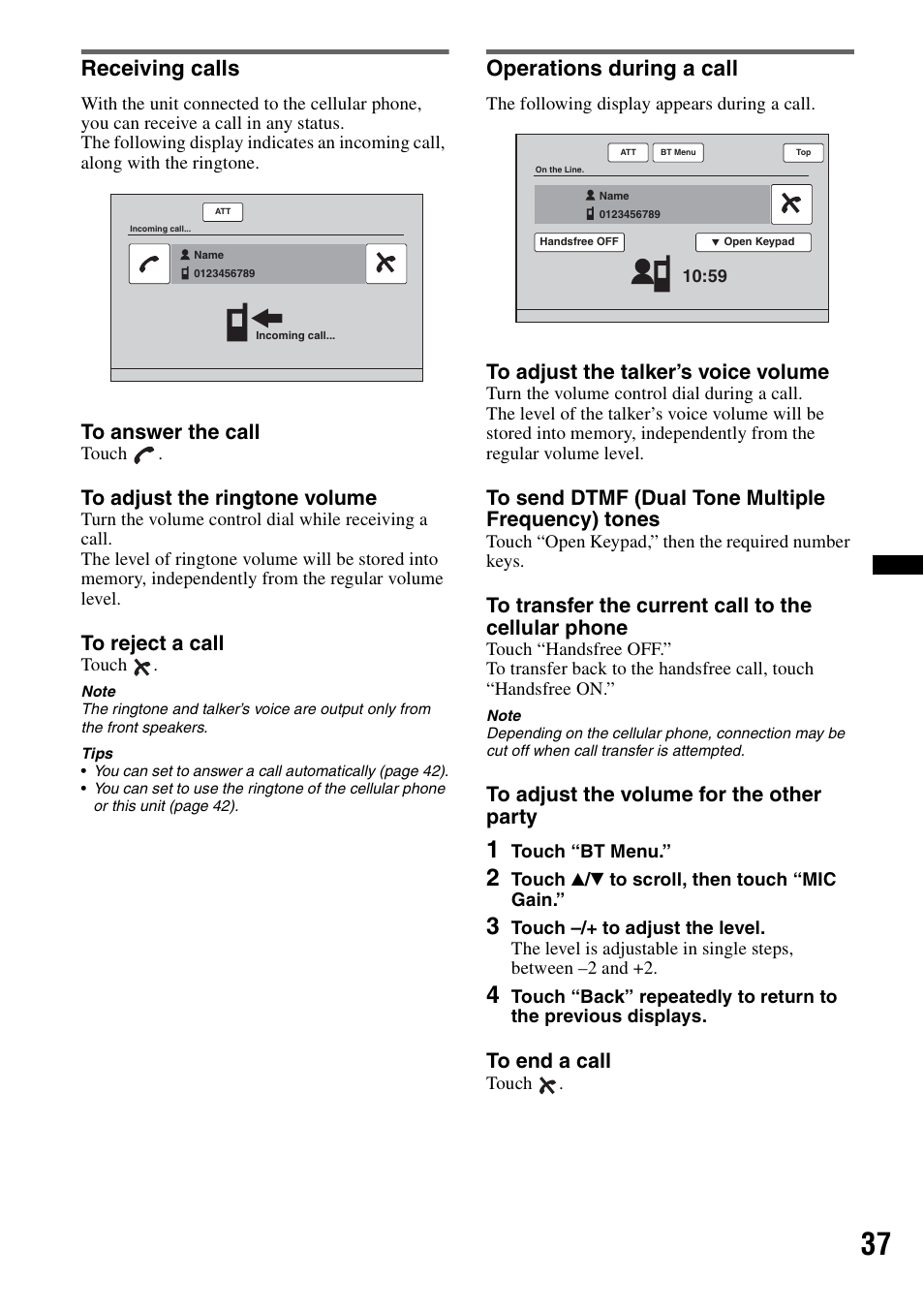 Receiving calls, Operations during a call, Receiving calls operations during a call | Sony XAV-622 User Manual | Page 37 / 228