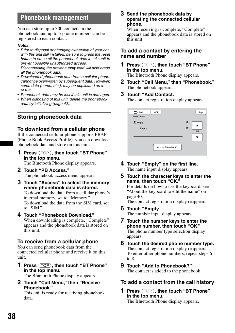 Phonebook management, Storing phonebook data | Sony XAV-622 User Manual | Page 38 / 228