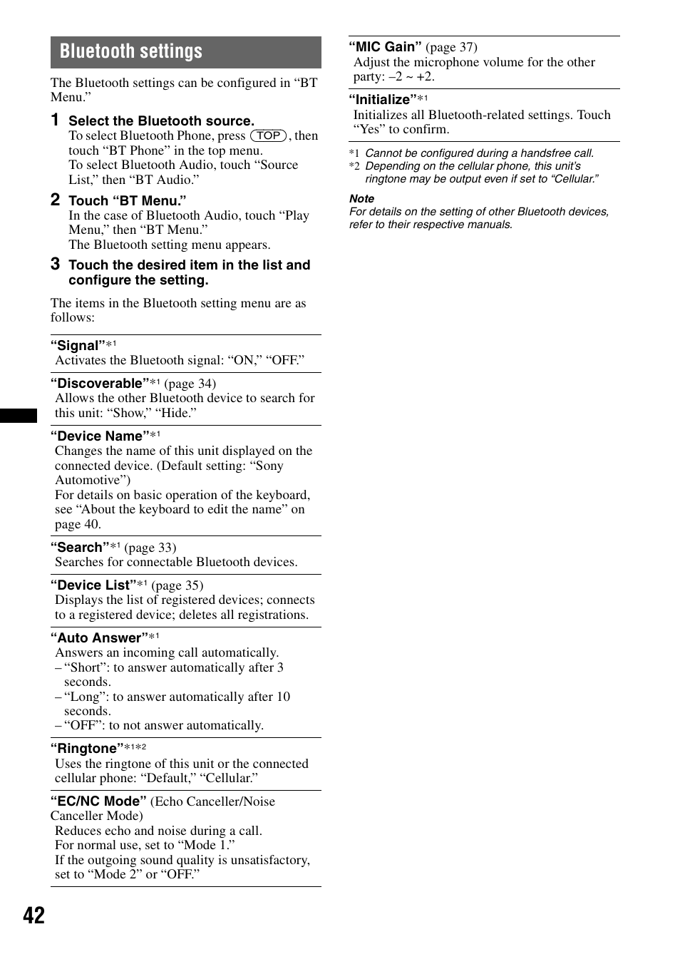 Bluetooth settings | Sony XAV-622 User Manual | Page 42 / 228