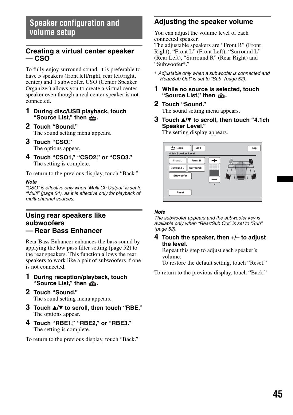 Speaker configuration and volume setup, Creating a virtual center speaker - cso, Adjusting the speaker volume | Creating a virtual center speaker — cso | Sony XAV-622 User Manual | Page 45 / 228