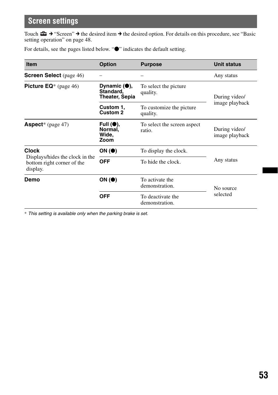 Screen settings | Sony XAV-622 User Manual | Page 53 / 228