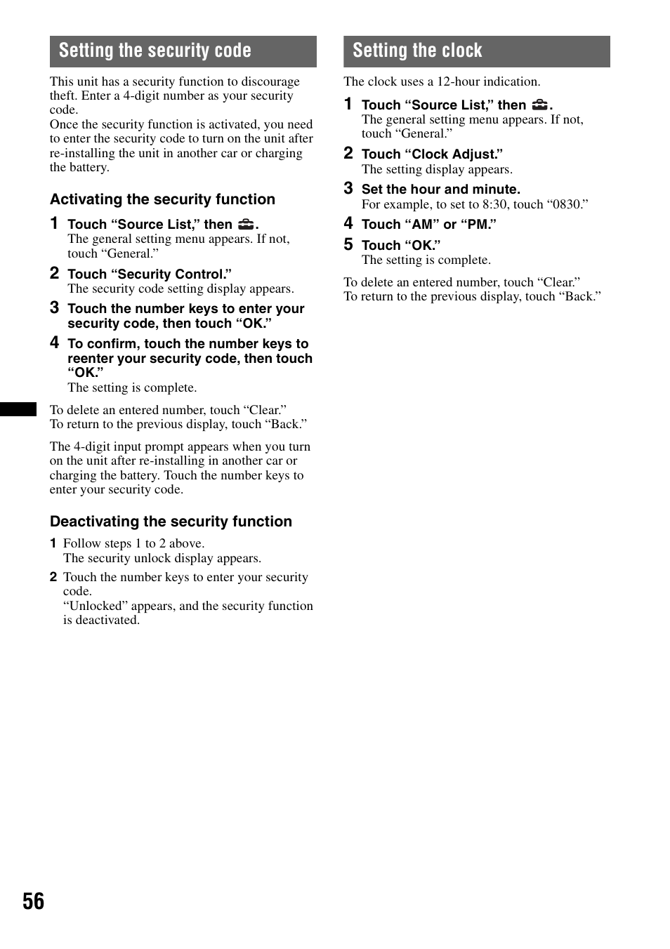 Setting the security code, Setting the clock | Sony XAV-622 User Manual | Page 56 / 228