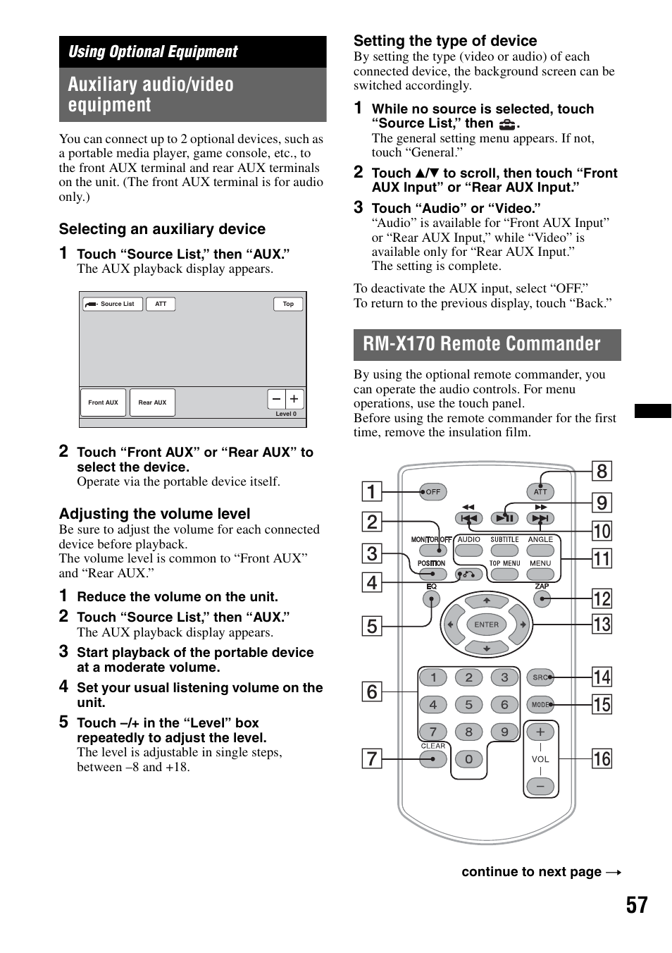 Using optional equipment, Auxiliary audio/video equipment, Rm-x170 remote commander | Sony XAV-622 User Manual | Page 57 / 228