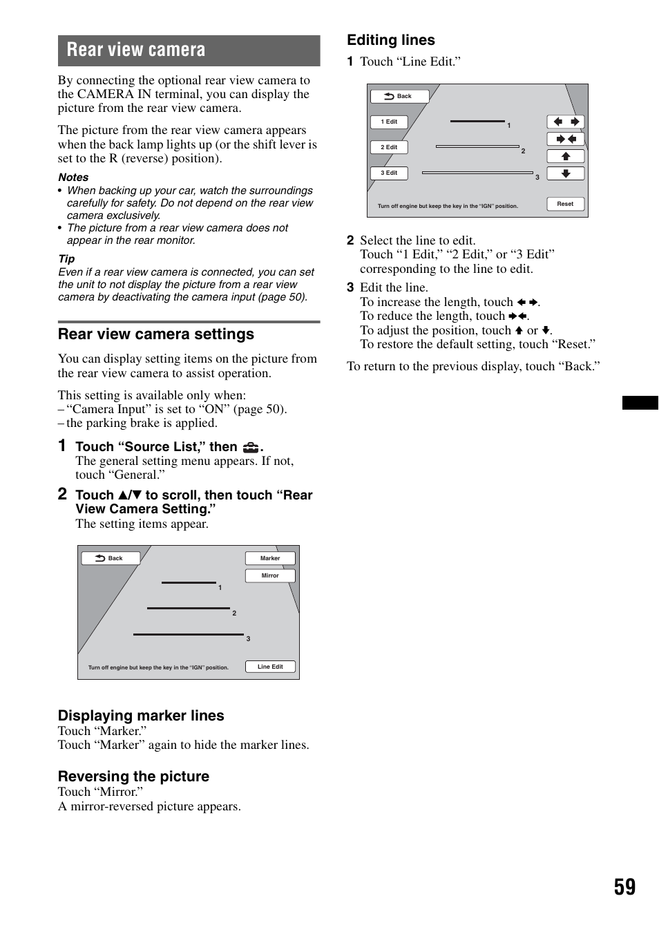 Rear view camera, Rear view camera settings, Displaying marker lines | Reversing the picture, Editing lines | Sony XAV-622 User Manual | Page 59 / 228