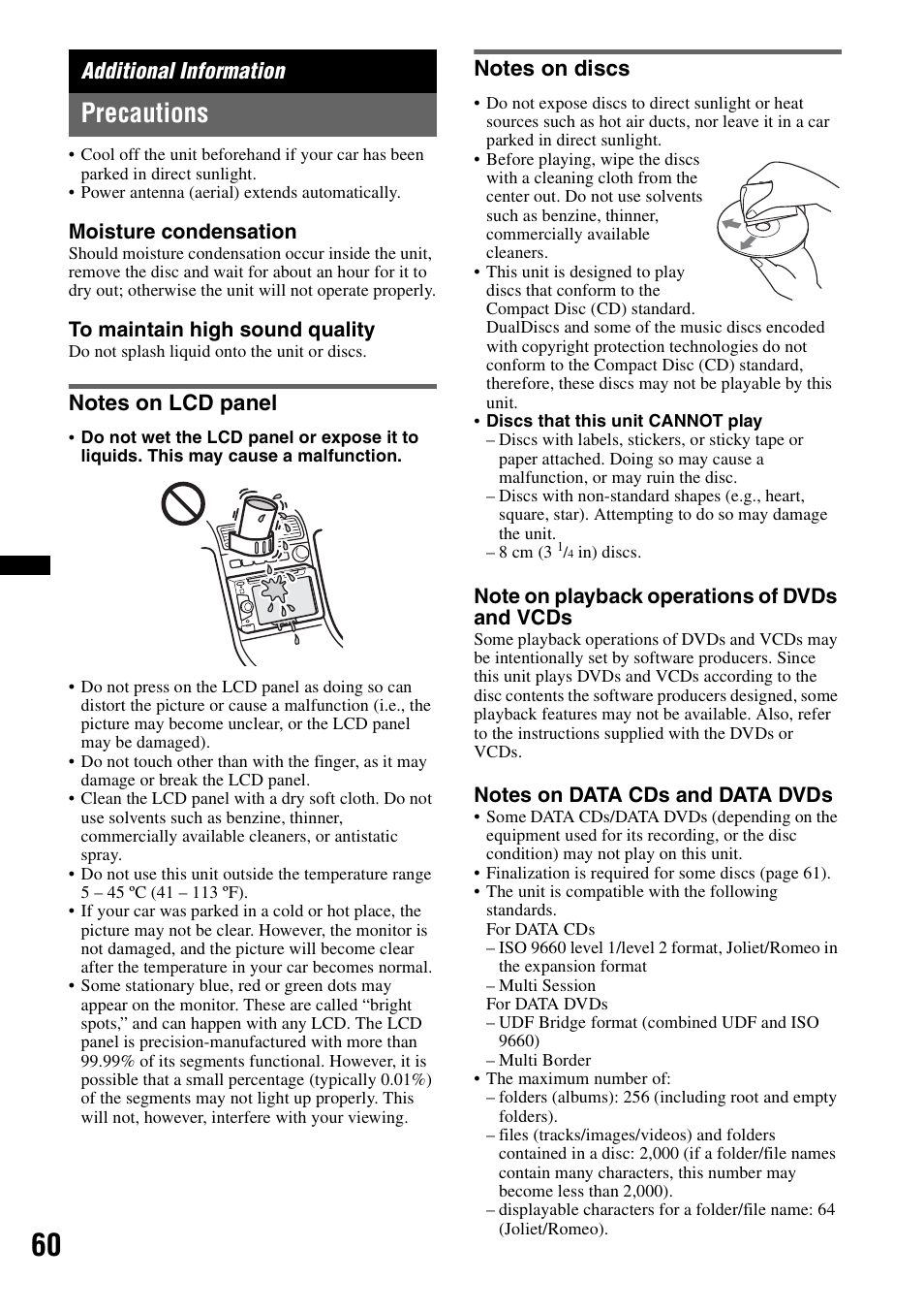 Additional information, Precautions, Notes on lcd panel | Notes on discs, Notes on lcd panel notes on discs | Sony XAV-622 User Manual | Page 60 / 228